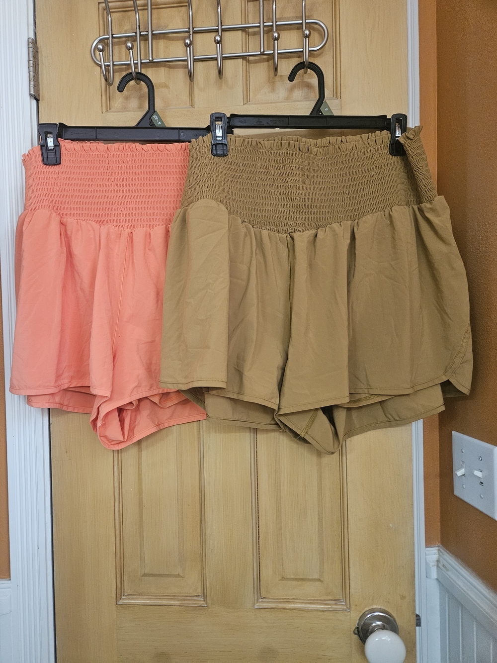 Aerie Smocked High-Waist Ruffle Skort Shorts - Coral and Khaki